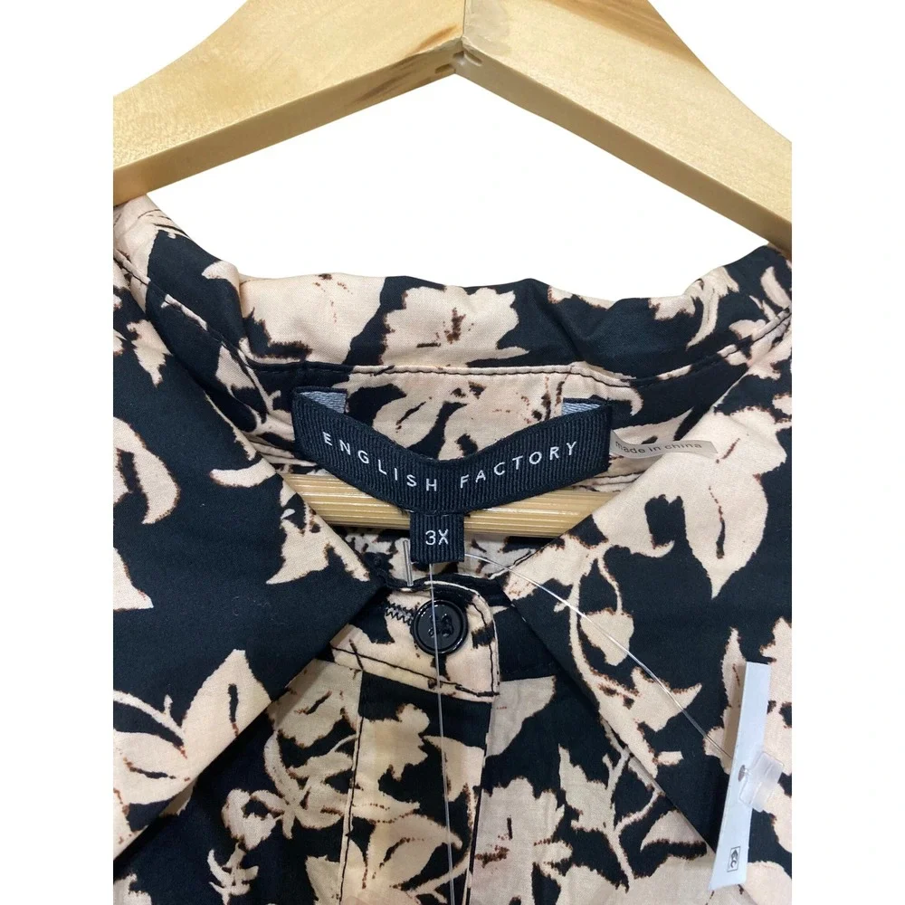 English Factory Womens 3X Floral Midi Dress Long Sleeve Button Front Black Cream